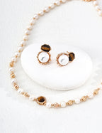 925 Sterling Silver Fluid Natural Pearl, Mother of Pearl and Tiger’s Eye Earrings - Vintage Gold