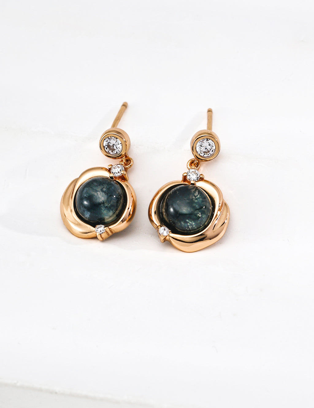 925 Sterling Silver Vintage Red Agate, Moss Agate and Cubic Zirconia Earrings - Silver