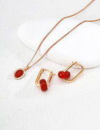 925 Sterling Silver Red Agate and 东陵玉 Earrings - Vintage Gold