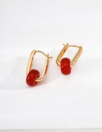 925 Sterling Silver Red Agate and 东陵玉 Earrings - Vintage Gold