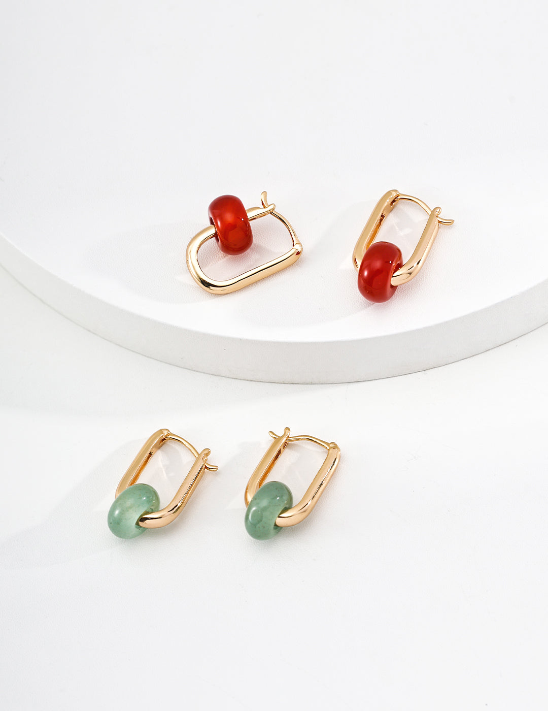 925 Sterling Silver Red Agate and 东陵玉 Earrings - Vintage Gold