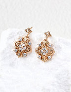 925 Sterling Silver Four-Leaf Cubic Zirconia Earrings - Vintage Gold
