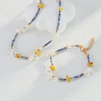 925 Sterling Silver Freshwater Pearl, Blue Dot Stone and Amber-Toned Bead Necklace product video D0626-2_影片_1