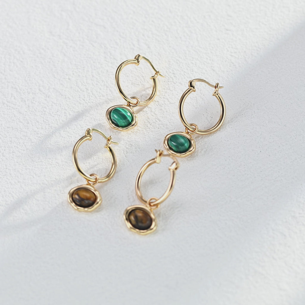 925 Sterling Silver Tiger’s Eye Malachite Cat-Eye Drop Earrings product video E0950_影片_1