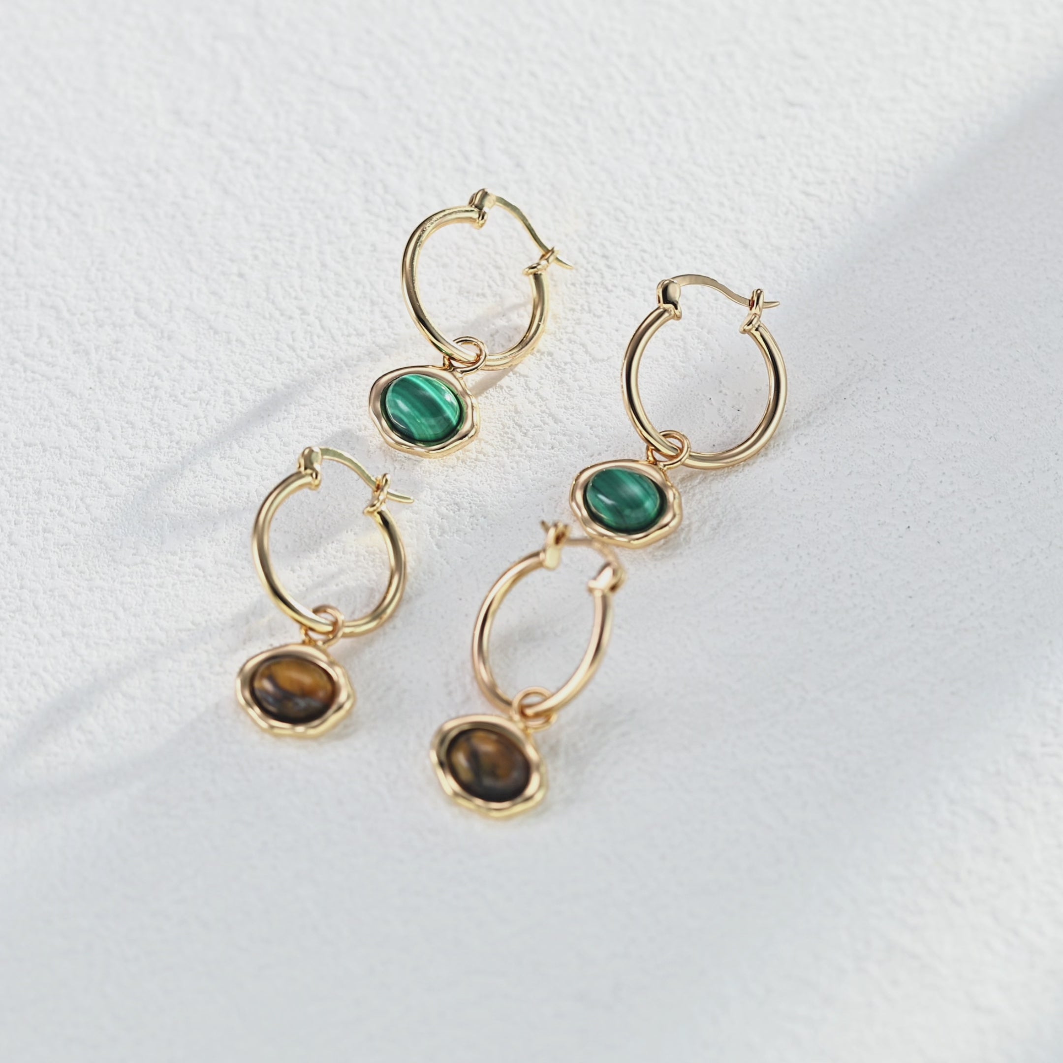 925 Sterling Silver Tiger’s Eye Malachite Cat-Eye Drop Earrings product video E0950_影片_1
