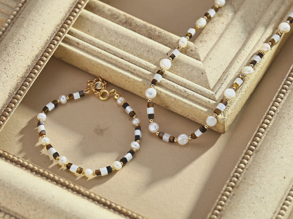 925 Sterling Silver Pearl, Mother of Pearl and Tiger’s Eye Necklace