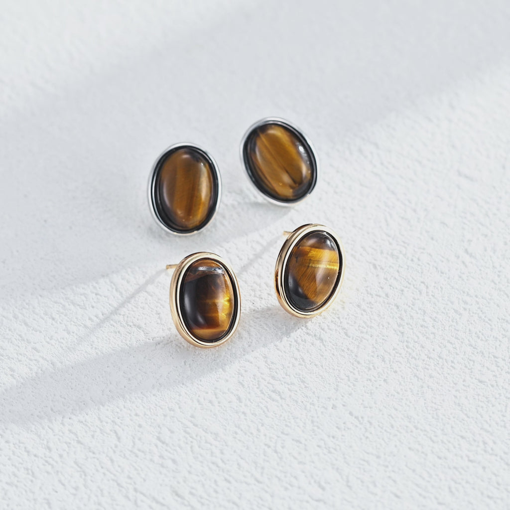 925 Sterling Silver Tiger's Eye Stud Earrings