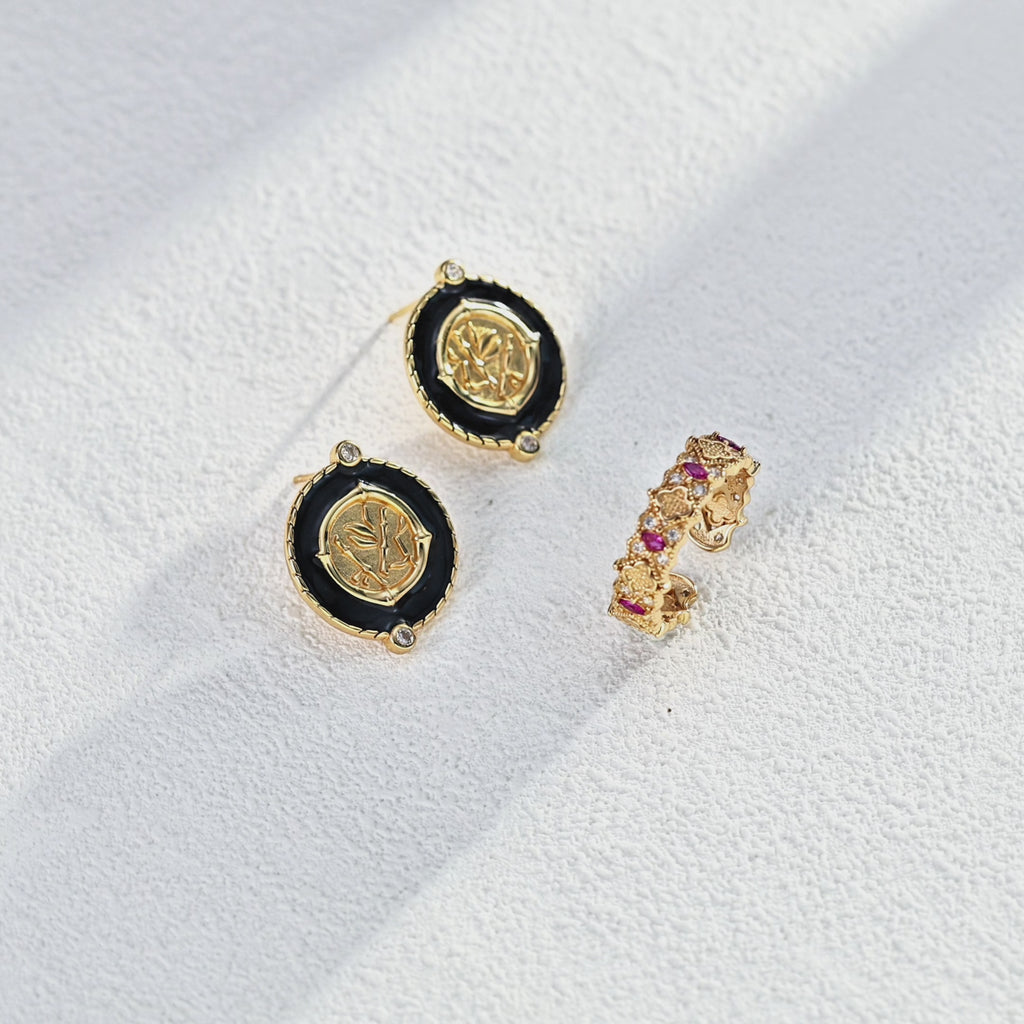 925 Sterling Silver Black Enamel and Cubic Zirconia Vintage-Inspired Earrings
