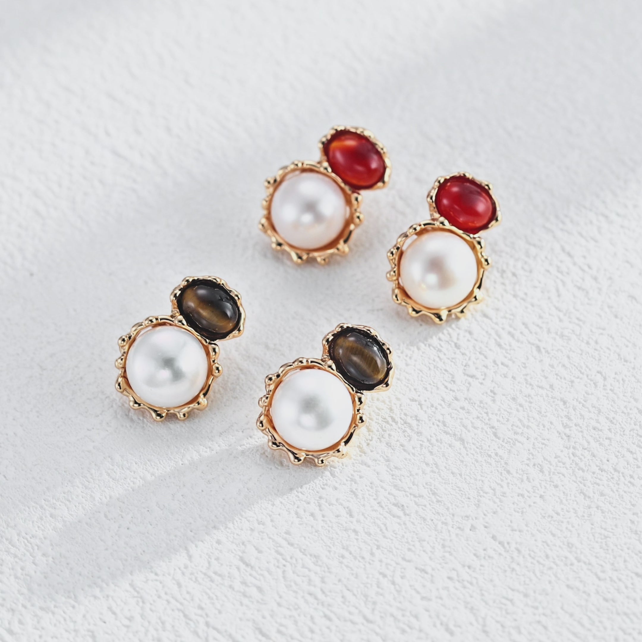 925 Sterling Silver Tiger’s Eye, Red Agate and Pearl Carved Earrings product video E01433_影片_1