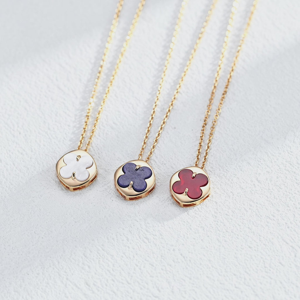 925 Sterling Silver Clover Pendant Necklace with Lapis Lazuli, Mother of Pearl or Agate