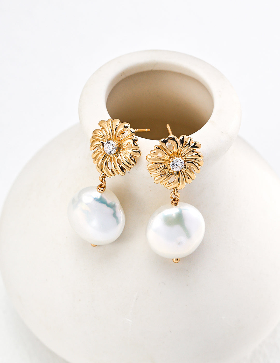 925 Sterling Silver Pearl and Cubic Zirconia Floral Drop Earrings