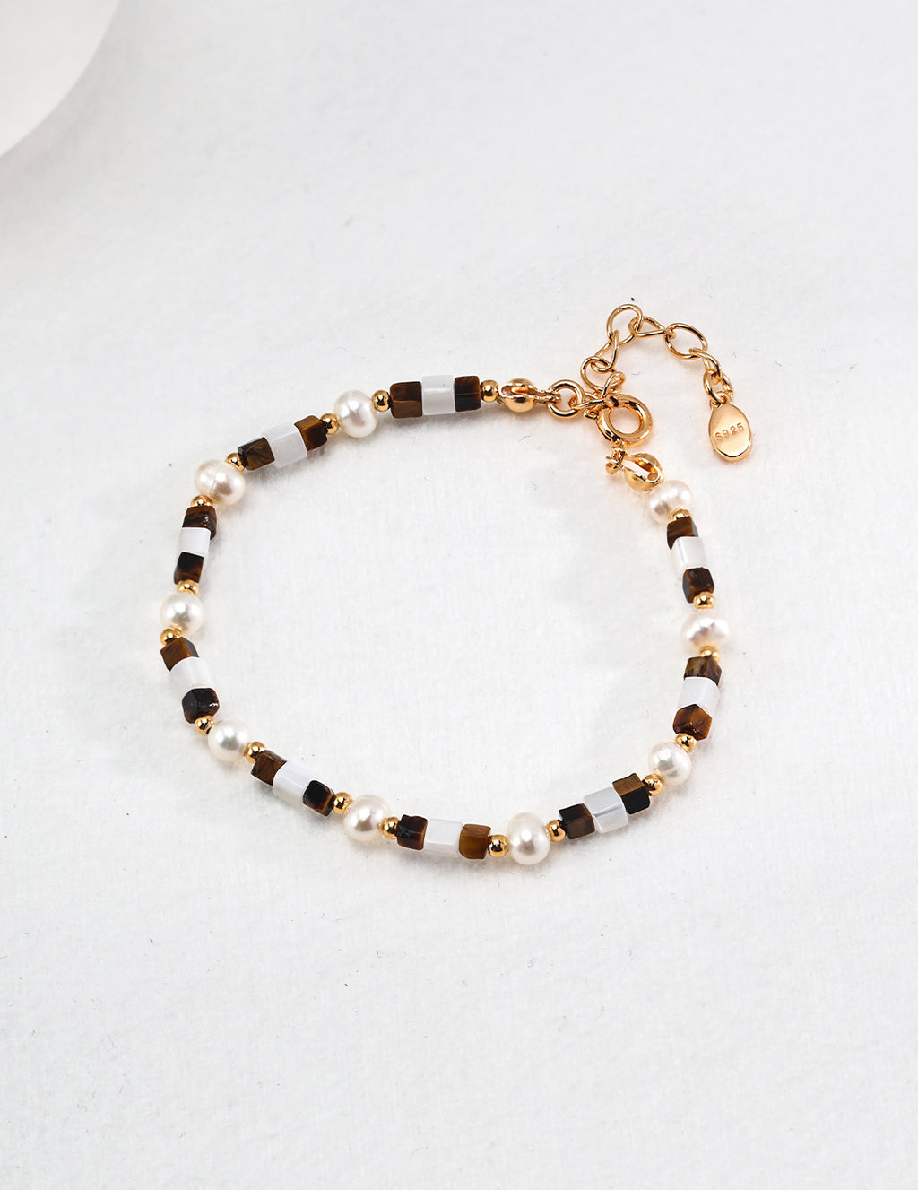 925 Sterling Silver Tiger’s Eye, Pearl and Mother of Pearl Bracelet