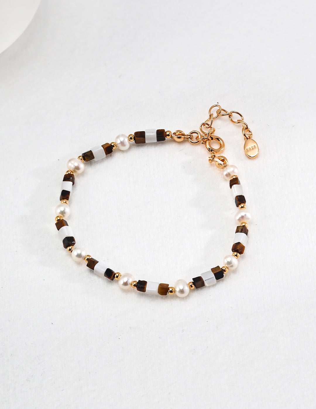 925 Sterling Silver Tiger’s Eye, Pearl and Mother of Pearl Bracelet
