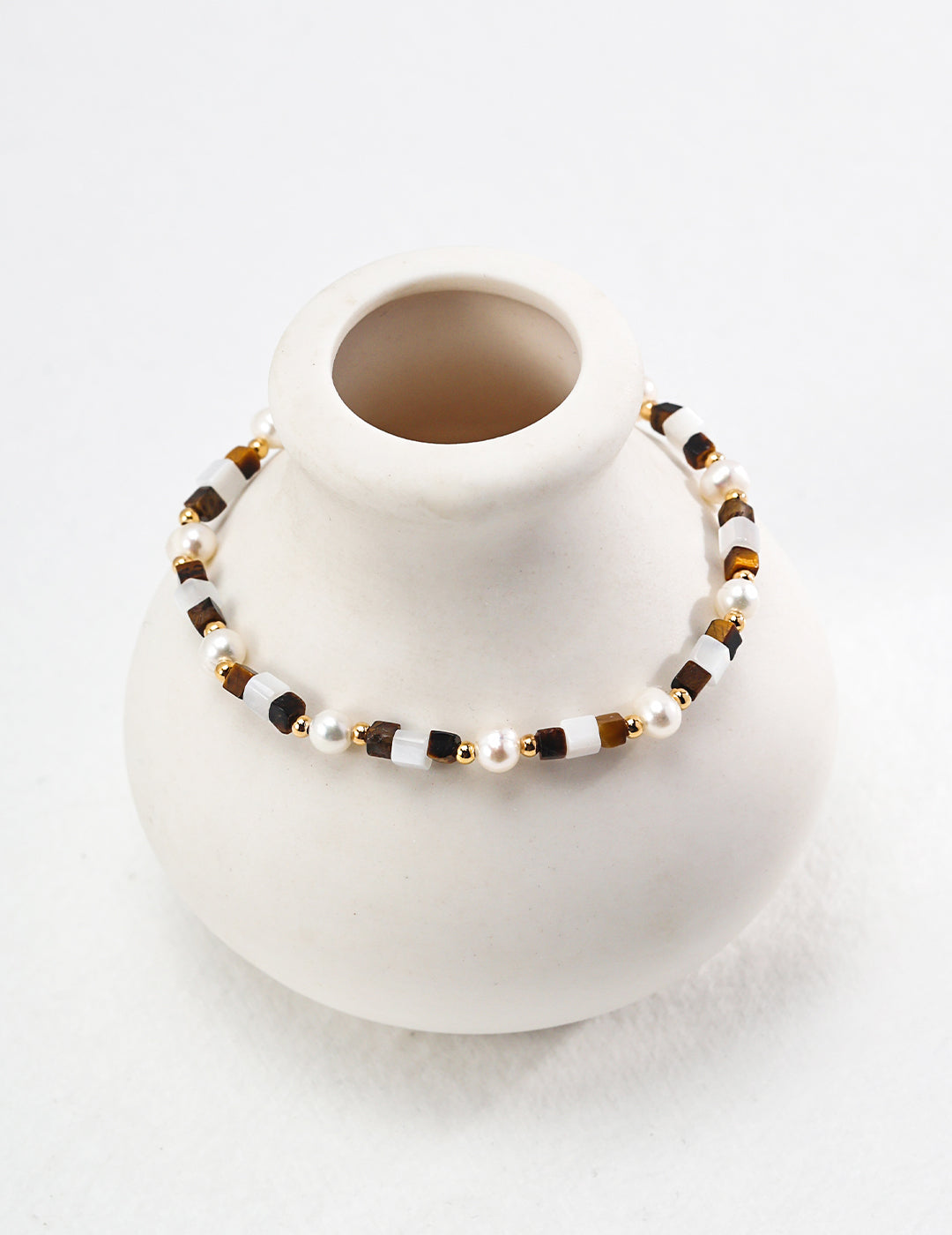 925 Sterling Silver Tiger’s Eye, Pearl and Mother of Pearl Bracelet