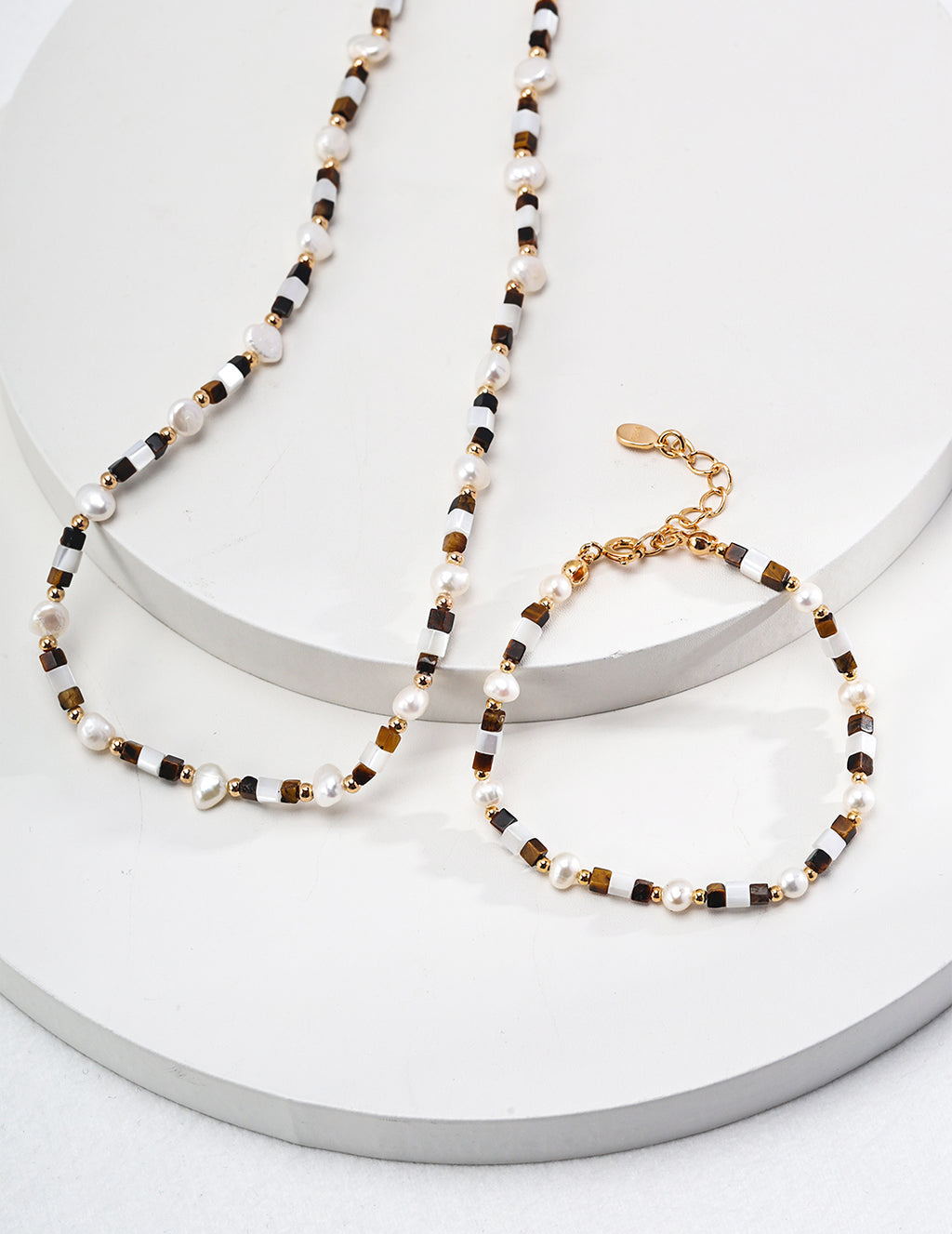 925 Sterling Silver Tiger’s Eye, Pearl and Mother of Pearl Bracelet