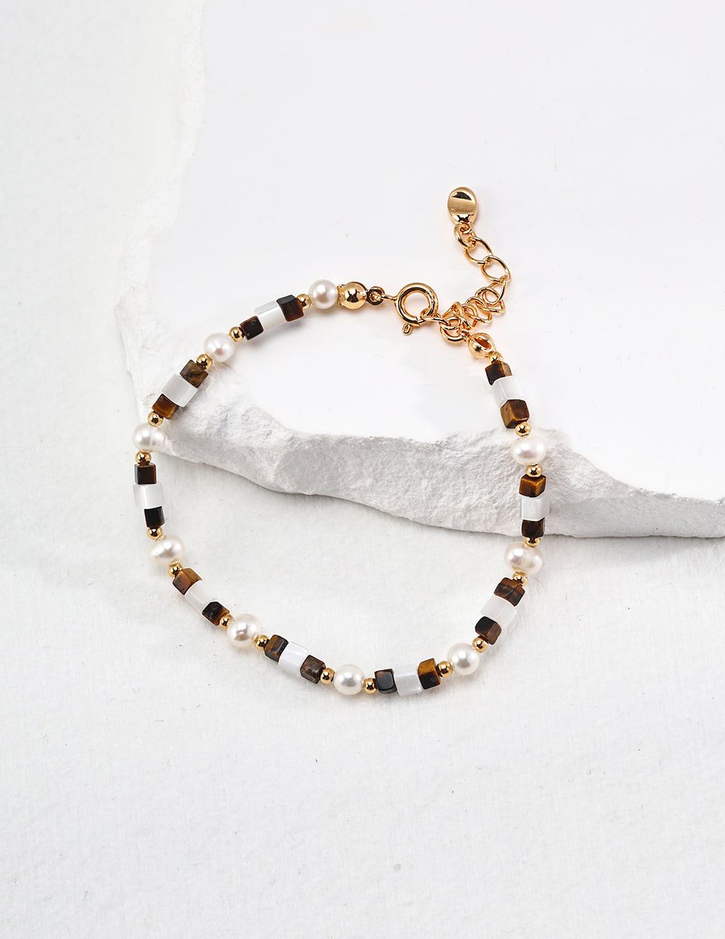 925 Sterling Silver Tiger’s Eye, Pearl and Mother of Pearl Bracelet