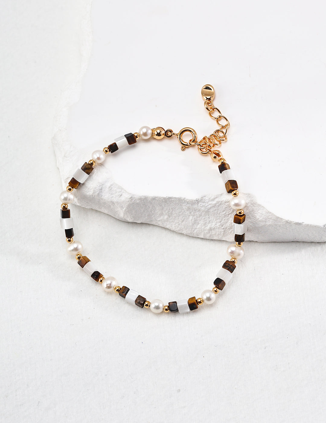 925 Sterling Silver Tiger’s Eye, Pearl and Mother of Pearl Bracelet